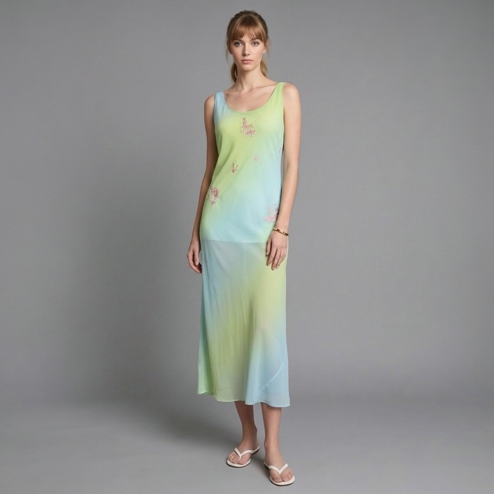 Vintage 90s Slip Dress L Green Blue Ombre Floral Embroidered SHEER Natori